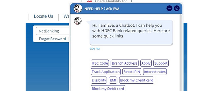HDFC Eva bot for customer service complaints