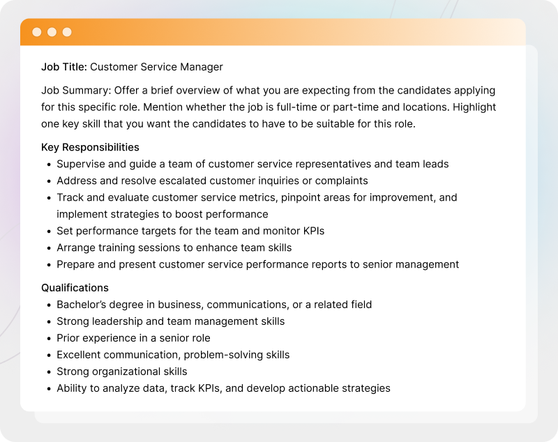 Customer Service Manager Job Description Template