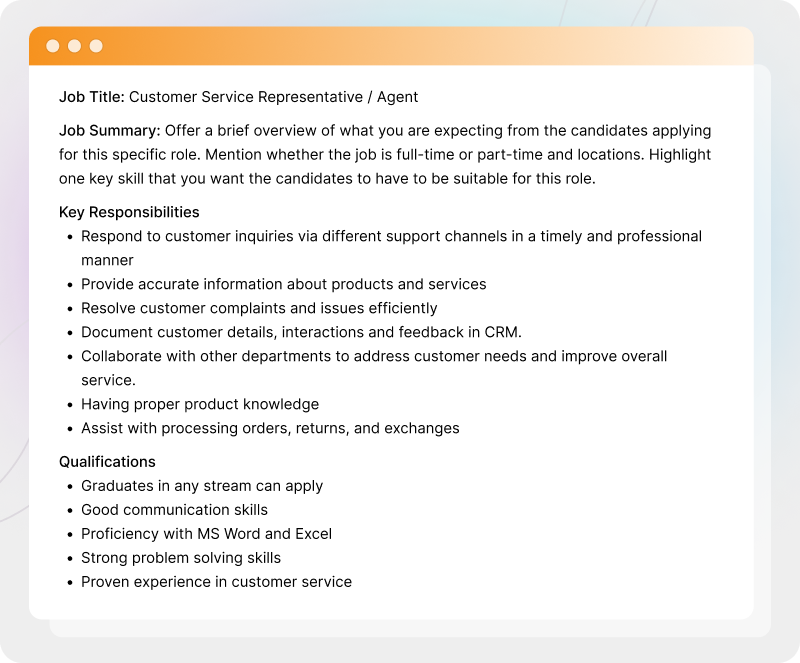 Customer service representative job description template