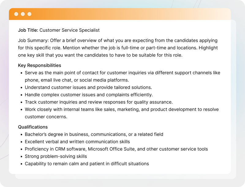 Customer Service Specialist Job Description Template