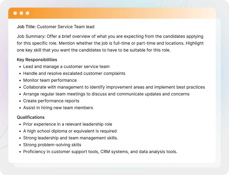 Customer Service Team Lead Job Description Template