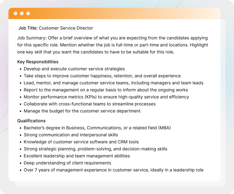 Director of Customer Service Job Description Template