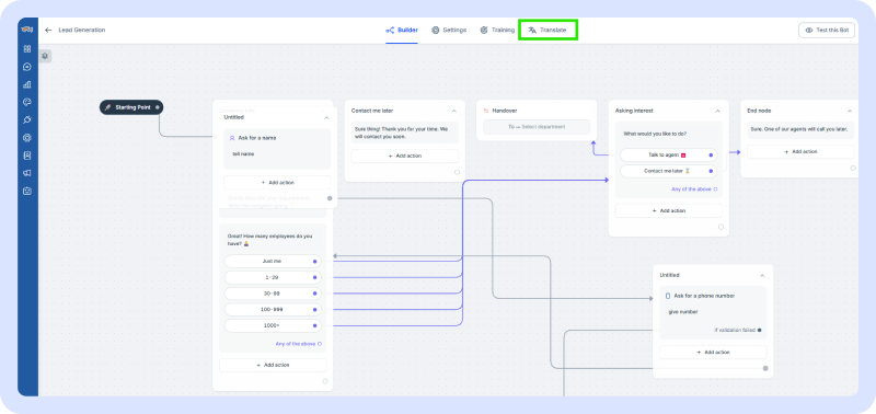 Building multilingual chatbot-step two-click the translate option